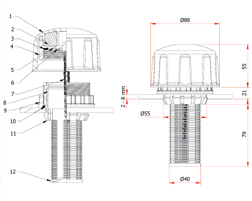 Onluchtingsdop met zeef (tankdop) dimensies